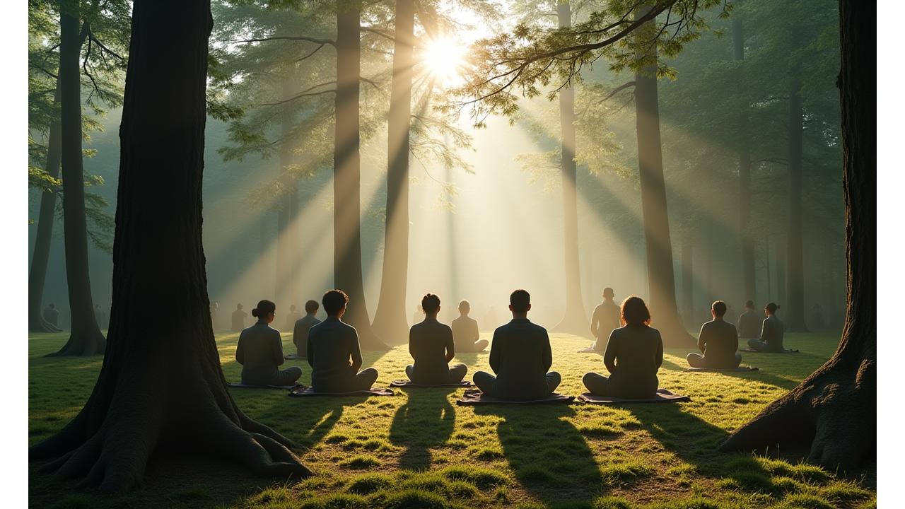 奥多摩の原生林で深呼吸をする人々の後ろ姿、朝日が差し込む幻想的な場面