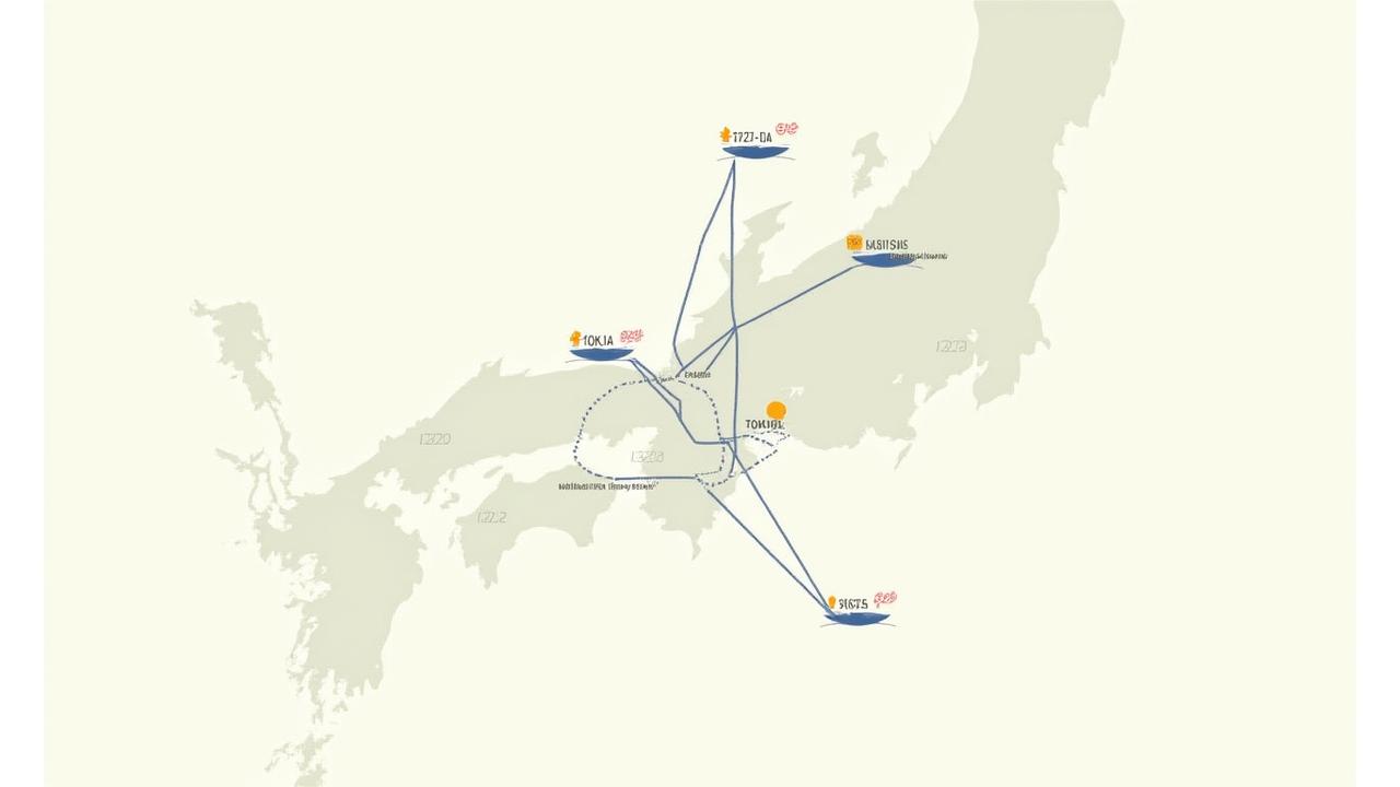 東京から奥多摩、高尾山、房総半島、丹沢山系へのアクセスを表す概念的な地図。電車とバスの所要時間が示されている。