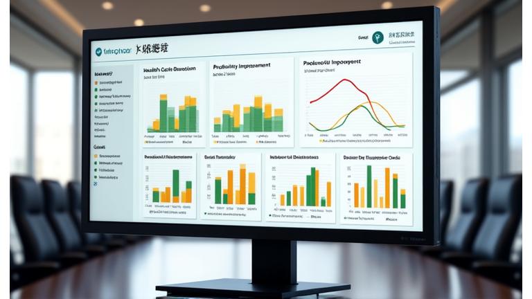 企業の健康経営ダッシュボードに表示された医療費削減、生産性向上、離職率改善のグラフデータ