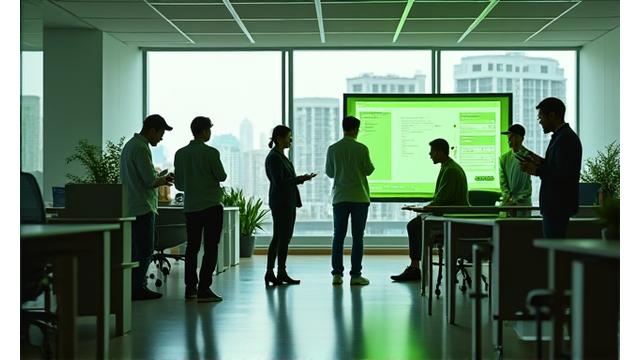 モダンなオフィスで生産的に働く人々と、働き方改革を示すインフォグラフィック