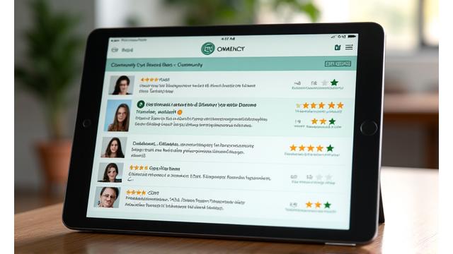 ユーザーレビューと星評価、環境効果のコメントが表示されるタブレット画面
