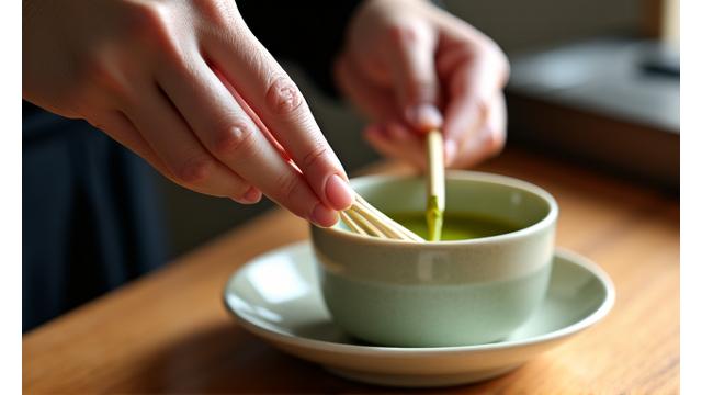 茶道具を前に集中する茶道師範の手