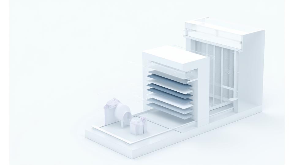 高性能HEPAフィルター、活性炭フィルター、光触媒技術を組み合わせた多段階空気浄化システムの図解。フィルターが空気中の微粒子や化学物質を捕捉し、クリーンな空気が室内に循環する様子が分かりやすく示されている。