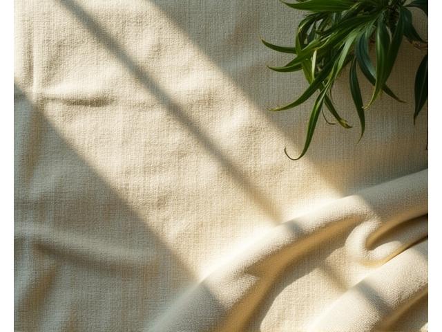 柔らかな光が当たる竹と麻のオーガニック繊維で作られたラグ。ナチュラルな色合いで、心地よい足触りが想像される。