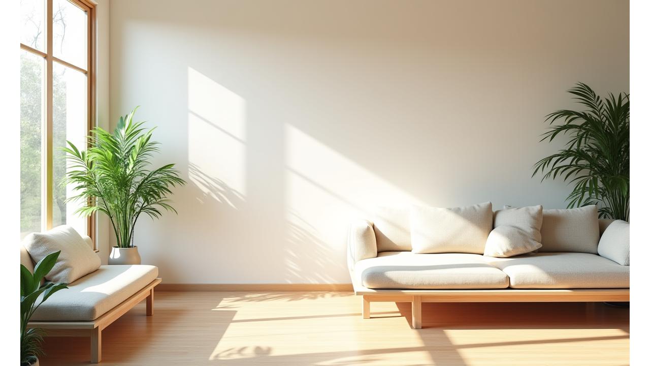 清潔で開放的なリビングルーム。明るい自然光が差し込み、木製の家具と緑の植物が配置され、穏やかで健康的な生活空間を演出している。