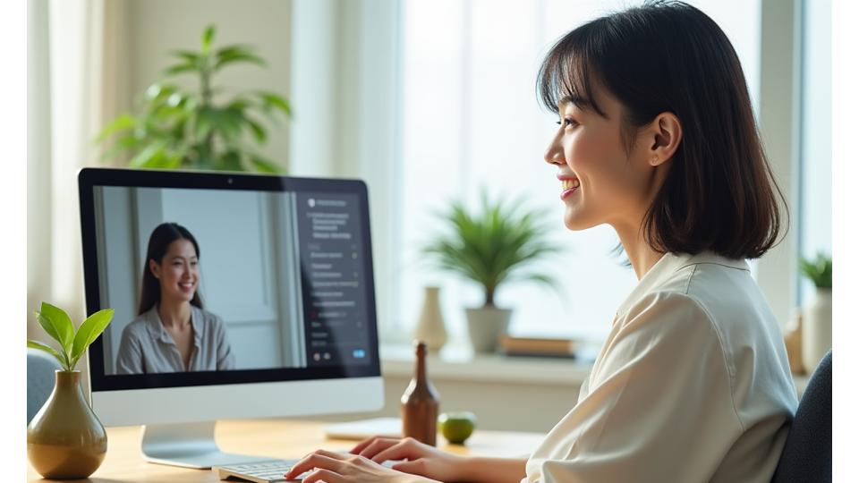 栄養コーチとクライアントがオンラインで話している様子。背景にはデータ分析を示す画面