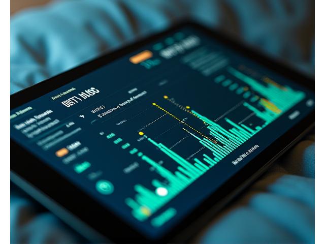 睡眠分析デバイスの画面に表示された心拍変動、呼吸パターン、睡眠ステージのグラフ。精緻で未来的なインターフェース。