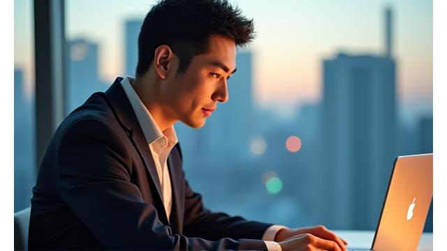 デスクワーク中の40代男性経営者。目が覚めていて、集中力が高まっている様子。