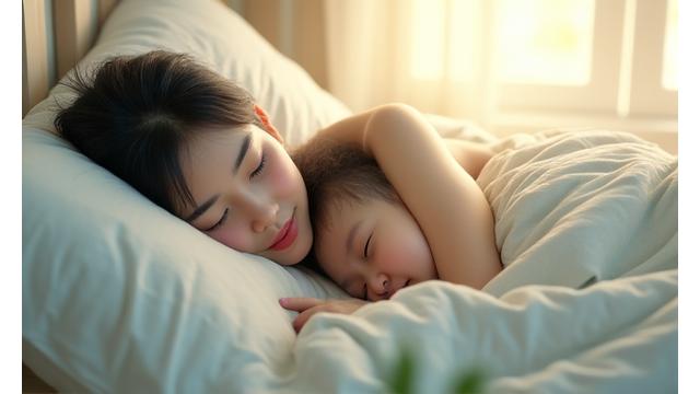 朝、子供と一緒に穏やかに目覚める母親。明るい光が差し込む寝室。