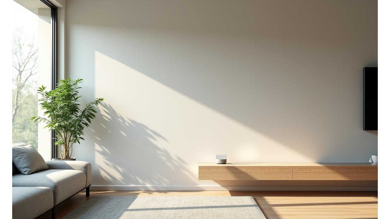 現代的でミニマムな空間に溶け込むスマートホームのインターフェース。隠されたテクノロジーが生活を豊かにしている様子。