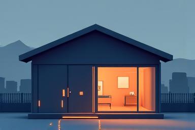 地震の揺れを感知し、自動で安全対策が作動するスマートホームシステムを表現したイラスト。