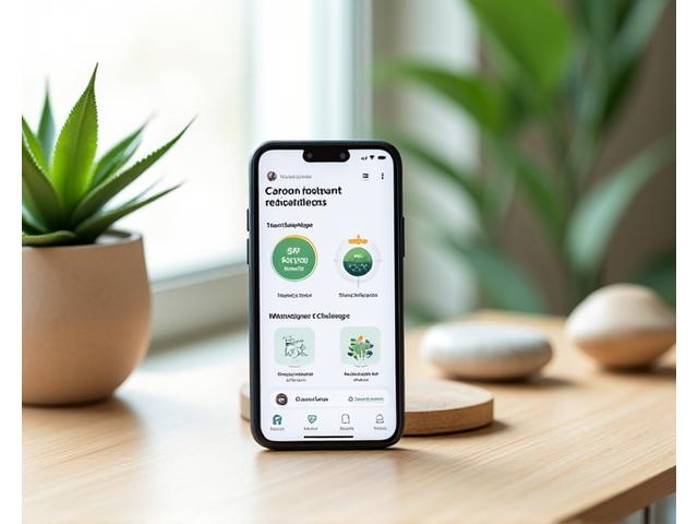 AIが個人のエコ行動を分析し提案するサステナブルライフアプリのモックアップ画面。地球のアイコンと成長する木のグラフィックが特徴。